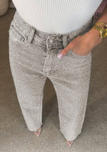 Load image into Gallery viewer, Famnbro Womens Rhinestone Jeans Baggy Y2K High Waisted Straight Wide Leg Sparkly Bling Glitter Denim Pants Light Grey
