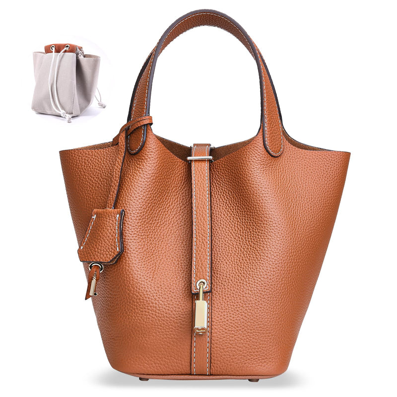 Designer Leather Bucket Bags for Women: Trendy Genuine Leather Tote Purses - Best Luxury Satchel Ladies Top-Handle Handbags for Traver & Work(Brown)