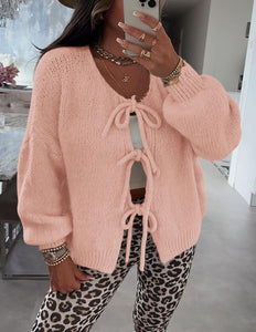PRETTYGARDEN Women's Tie Front Bow Cardigan Sweaters Chunky Knit Long Puff Sleeve Trendy Fall Winter Jacket Coats (Pink,Medium)