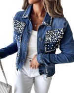 Load image into Gallery viewer, LifeShe Women's Pearls Denim Jacket Cropped Rhinestones Jean Blazer Coat
