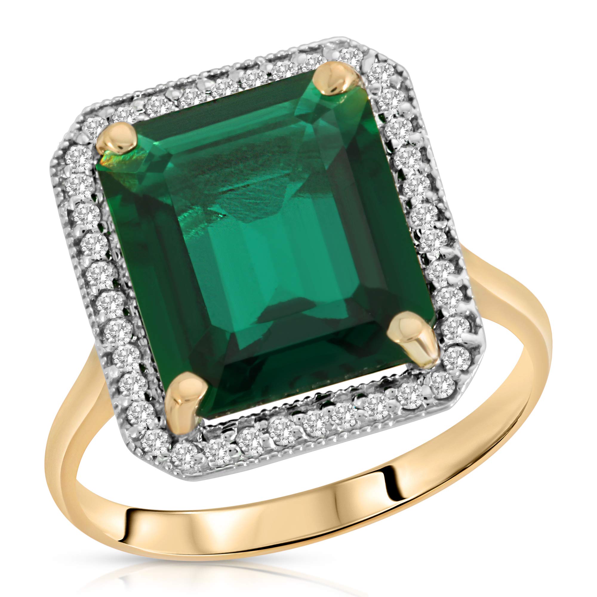 Galaxy Gold GG 4.70 Carat Total Weight 14K Solid Yellow Gold Emerald with Natural Diamonds Halo Ring Brilliant Octagon Emerald Shape Cut Round Diamonds Anniversary Engagement Ring (8.5)