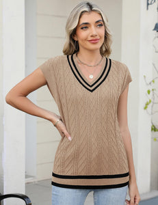 LOMON Sweater Vests for Women 2025 Cap Sleeve Cable-Knit V Neck Tunic Tops Casual Trendy Sleeveless Sweaters (Khaki_XL)