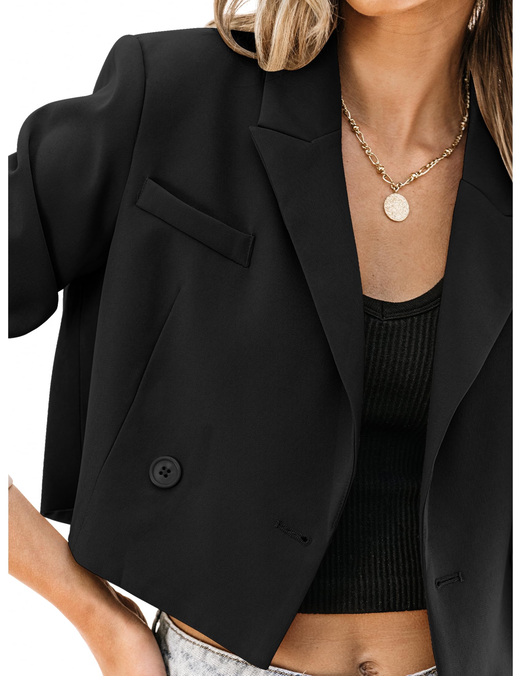 Luvamia Womens Fashion Lapel Cropped Blazer - Business Casual Open Front Black Blazer for Women's Interview Outfits - Size Medium (Fits Size 8 / 10)