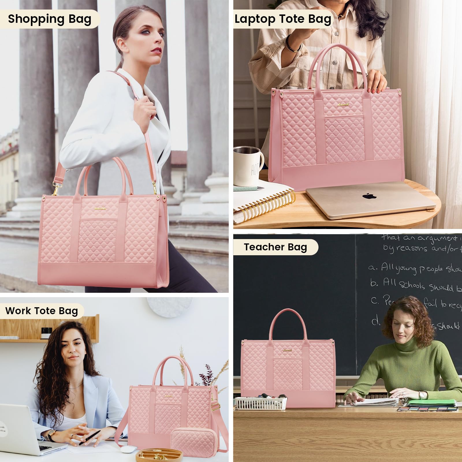 LOVEVOOK Laptop Bags for Women, 15.6 inch Waterproof Work Tote Bag with Clutch, Professional Teacher Computer Purse Lightweight Shoulder Bag Travel, Quilted Pink