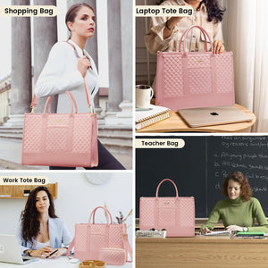 LOVEVOOK Laptop Bags for Women, 15.6 inch Waterproof Work Tote Bag with Clutch, Professional Teacher Computer Purse Lightweight Shoulder Bag Travel, Quilted Pink