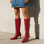 Load image into Gallery viewer, COMFITORIA Knee High Boots for Women Pointed Toe Stiletto Kitten Heel Tall Boots Fashion Side Zipper Wide Calf Boot Fall Winter Sexy Fashion Dress Shoes Botas Negras, Red, Size 7.5
