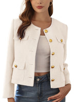 Load image into Gallery viewer, M.Infisavo 2025 Women Tweed Jacket Cropped Blazers Fall Winter Elegant Round Neck Pockets Business Casual Outfit, Beige, Medium
