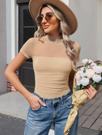 Load image into Gallery viewer, Avidlove Women&#39;s Short Sleeve Bodysuit Turtle Neck Body Suits Mesh Bodysuit Blouse Going Out Date Night Tops Nude

