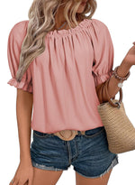 Load image into Gallery viewer, EVALESS Womens Tops Spring Summer Fashion Clothes 2025 Pink Short Sleeve Shirts Blouses for Women Dressy Casual Holiday Outfits for Work Cute Round Neck Basic Pleated Tops Off Shoulder Blouse, Medium
