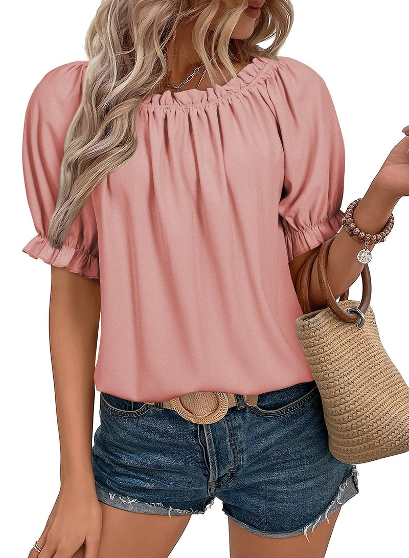EVALESS Womens Tops Spring Summer Fashion Clothes 2025 Pink Short Sleeve Shirts Blouses for Women Dressy Casual Holiday Outfits for Work Cute Round Neck Basic Pleated Tops Off Shoulder Blouse, Medium