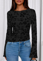 Load image into Gallery viewer, PRETTYGARDEN Women Long Sleeve Floral Mesh Tops Blouse 2025 Fall Trendy Boat Neck Ruched Fitted Shirt Going Out Date Outfits (Black,Medium)
