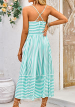 Load image into Gallery viewer, Fashionme Summer Maxi Dresses for Women 2026 Striped Vacation Beach Long Sundresses A Line Casual Flowy Boho Spaghetti Strap Backless V Neck Sleeveless with Pockets

