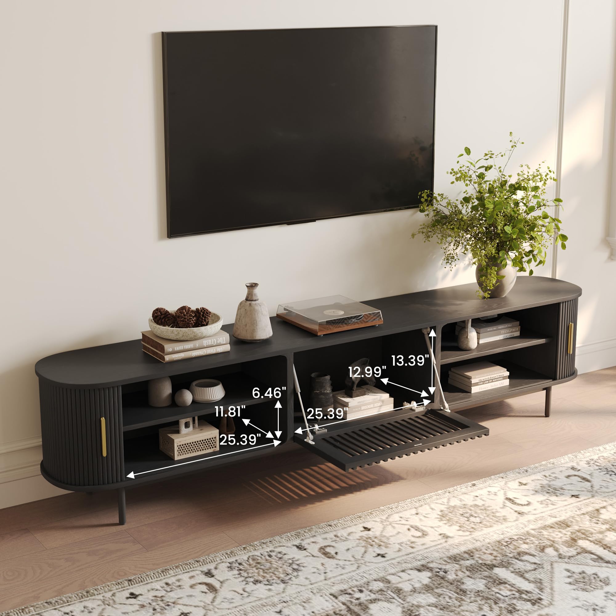 POVISON Mid Century Modern TV Stand for 75+ inch TV, Sliding Door Entertainment Center with Storage, Wood TV Console, Media Console for Living Room Bedroom, Fully-Assembled (Black, 94.49")