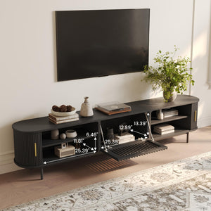 POVISON Mid Century Modern TV Stand for 75+ inch TV, Sliding Door Entertainment Center with Storage, Wood TV Console, Media Console for Living Room Bedroom, Fully-Assembled (Black, 94.49")