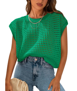 PRETTYGARDEN Womens Spring Tops 2025 Summer Shirts Crochet Cap Sleeve Sweater Pullover Cute Crew Neck Beach Cover Ups(Green,Small)