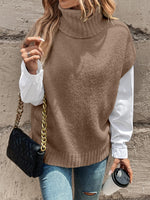 Load image into Gallery viewer, WDIRARA Women's Turtleneck Cap Sleeve Sweater Vest Pullover Knitted Top Loose Oversized Knitwear Khaki Small
