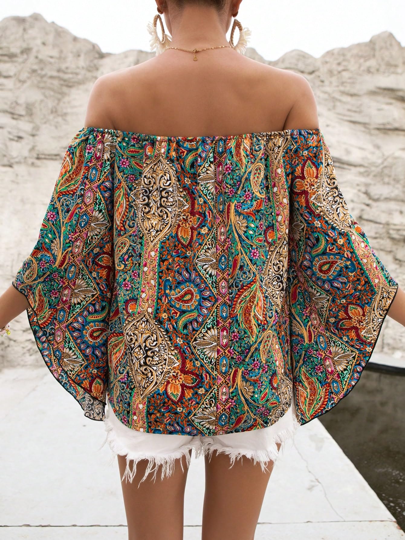 Floerns Women's Boho Off Shoulder 3/4 Bell Sleeve Summer Blouse Top Multi Paisley S