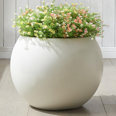 FloraFairy Plastic Sphere Planter with Drainage Hole, Removable Plug, Lightweight Flower Pot, Round Plant Container for Indoor Outdoor Use, 15.8" H X 19.7" Dia, 12.6" Opening - Large, Cream, Off-White