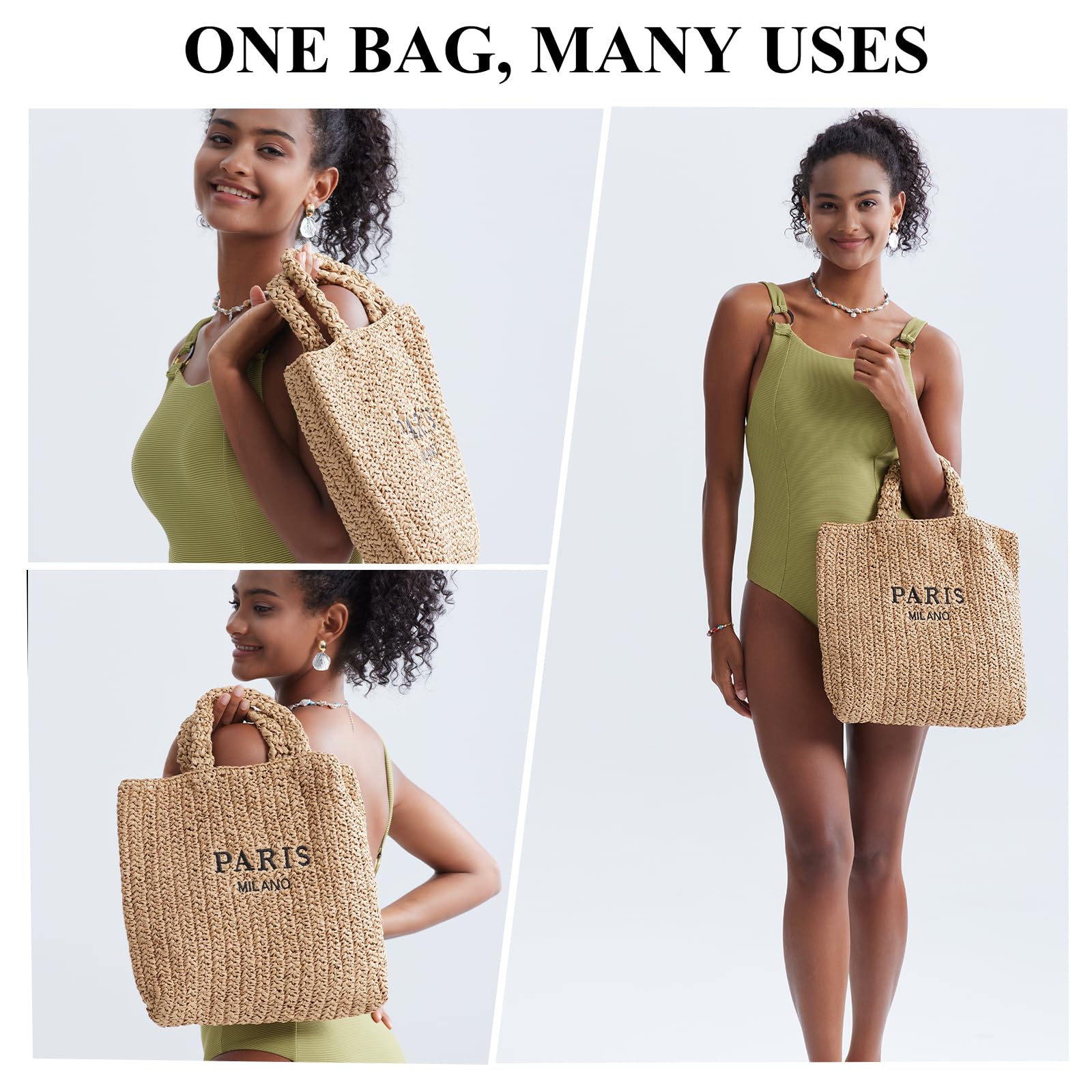 Straw Beach Bag for Women Trendy Summer Woven Tote Bag Packable Straw Purses and Handbags for Vacation Holiday (S-Khaki)