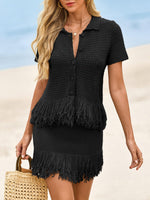 Load image into Gallery viewer, Fisoew Womens 2 Piece Crochet Outfits Short Sleeve Button Knit Sweater Tops Fringe Skirt Summer Vacation Sets Beach Cover Ups Black
