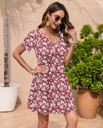 Load image into Gallery viewer, WNEEDU Hawaiian Beach Cover Up Dress Casual Floral Print Elastic Waist Spring Travel Sundress,New Floral Red,M
