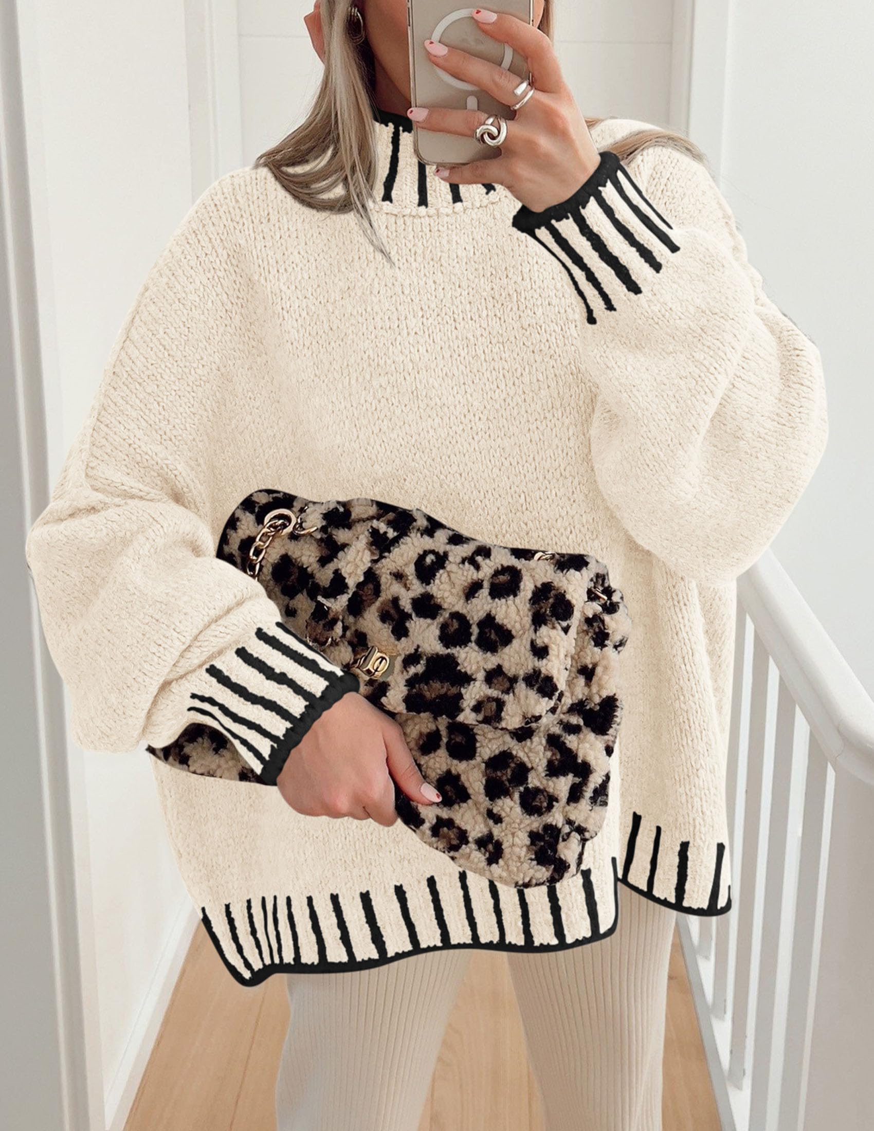 PRETTYGARDEN Women's 2025 Fall Oversized Pullover Sweaters Long Sleeve Mock Neck Chunky Knit Jumper Tops Winter Clothing (White,Medium)
