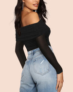 Load image into Gallery viewer, SAUNGKUAI Women&#39;s Off The Shoulder Long Sleeve Bodysuit Sexy Slimming Body Suit Tops Sheer Mesh Ruched Outfits Black M

