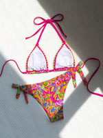 Load image into Gallery viewer, COZYEASE Women&#39;s Bikini Sets 2 Piece Halter Triangle Allover Print Swimsuit Set Boho Knot Side Bathing Suit Set Multicolor Small

