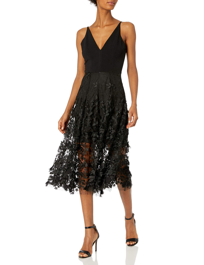 Dress the Population Women's Darleen Sleeveless 3D Floral Fit & Flare Midi Dress -Black, M