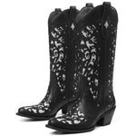Load image into Gallery viewer, SaraIris Black Knee High Cowboy Boots for Women - Size 8.5, Chunky Heel, Pointed Toe, Rhinestones
