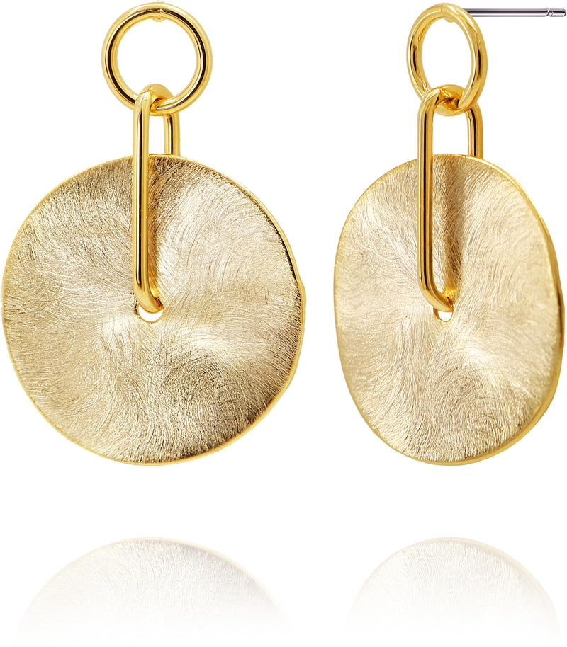 OZEL – Dangle Earrings for Women – 14k Yellow Gold or White Gold Plated earrings Brushed Finish – Gold Statement Jewelry – Round Disc Shape (G302877)