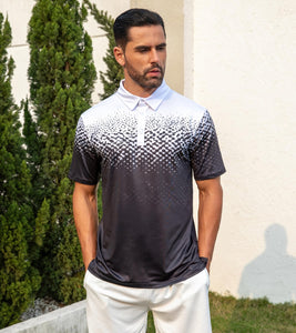 uideazone Mens Golf Shirts Short Sleeve 3D Print Athletic Polo Shirts White Black Dry Fit Performance Moisture Wicking Collar Tops