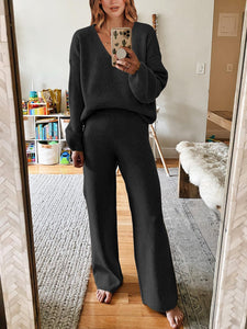 ANRABESS Women 2 Piece Outfits Sweater Lounge Sets Long Sleeve Cable Knit Pullover and Wide Leg Pants Tracksuit Matching Set Black Medium