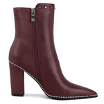 Load image into Gallery viewer, YODEKS Womens Ankle Boots Chunky Heel Short Ankle Booties Rivet Beaded Studded Pointed Toe 3.7 Inch High Block Heel Burgundy Boots Size 7.5
