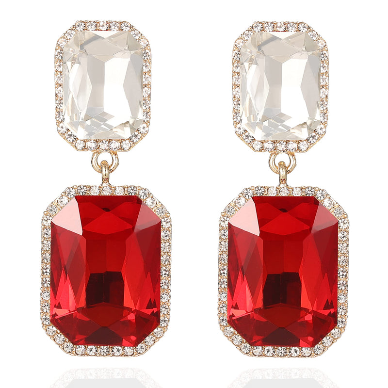 VANGETIMI Vintage Rhinestone Statement Earrings Fancy Big Crystal Rectangle Drop Dangle Earrings Evening Prom Pageant Jewelry Earrings for Women (Red-clear)