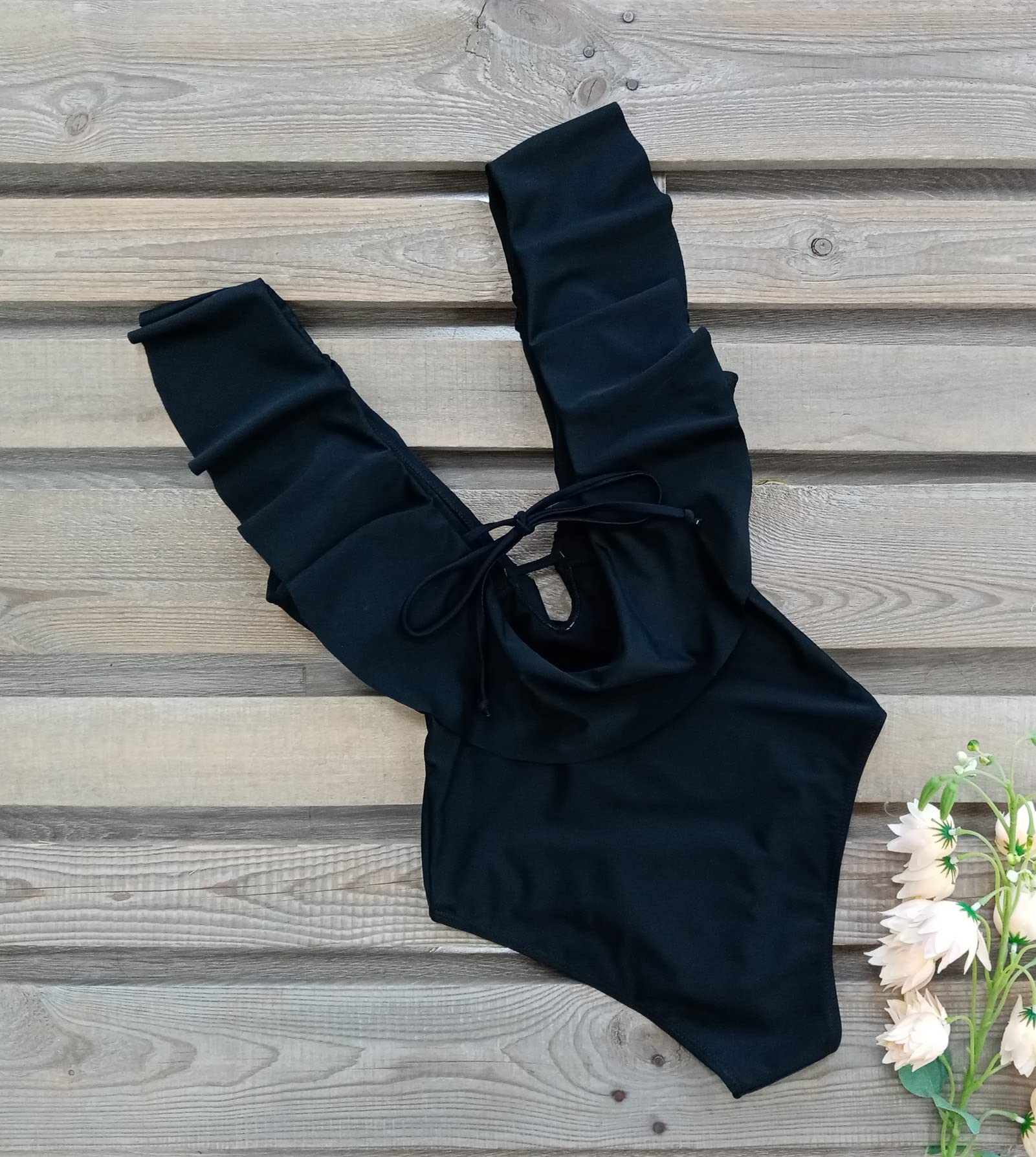 SPORLIKE Women One Piece Swimsuit V-Neck Ruffle Bathing Suit Padded Monokini(Black,Large)