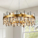 Load image into Gallery viewer, Siljoy Modern Crystal Chandelier 16 Lights Luxury Gold Round 2 Tiers Raindrop Chandelier Dimmable Flush Mount Crystal Ceiling Light for Dining Room Living Room Entryway Foyer D31.5&#39;&#39;
