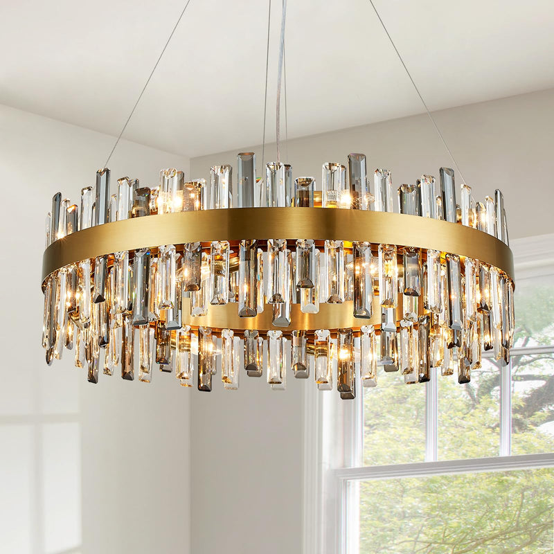 Siljoy Modern Crystal Chandelier 16 Lights Luxury Gold Round 2 Tiers Raindrop Chandelier Dimmable Flush Mount Crystal Ceiling Light for Dining Room Living Room Entryway Foyer D31.5''
