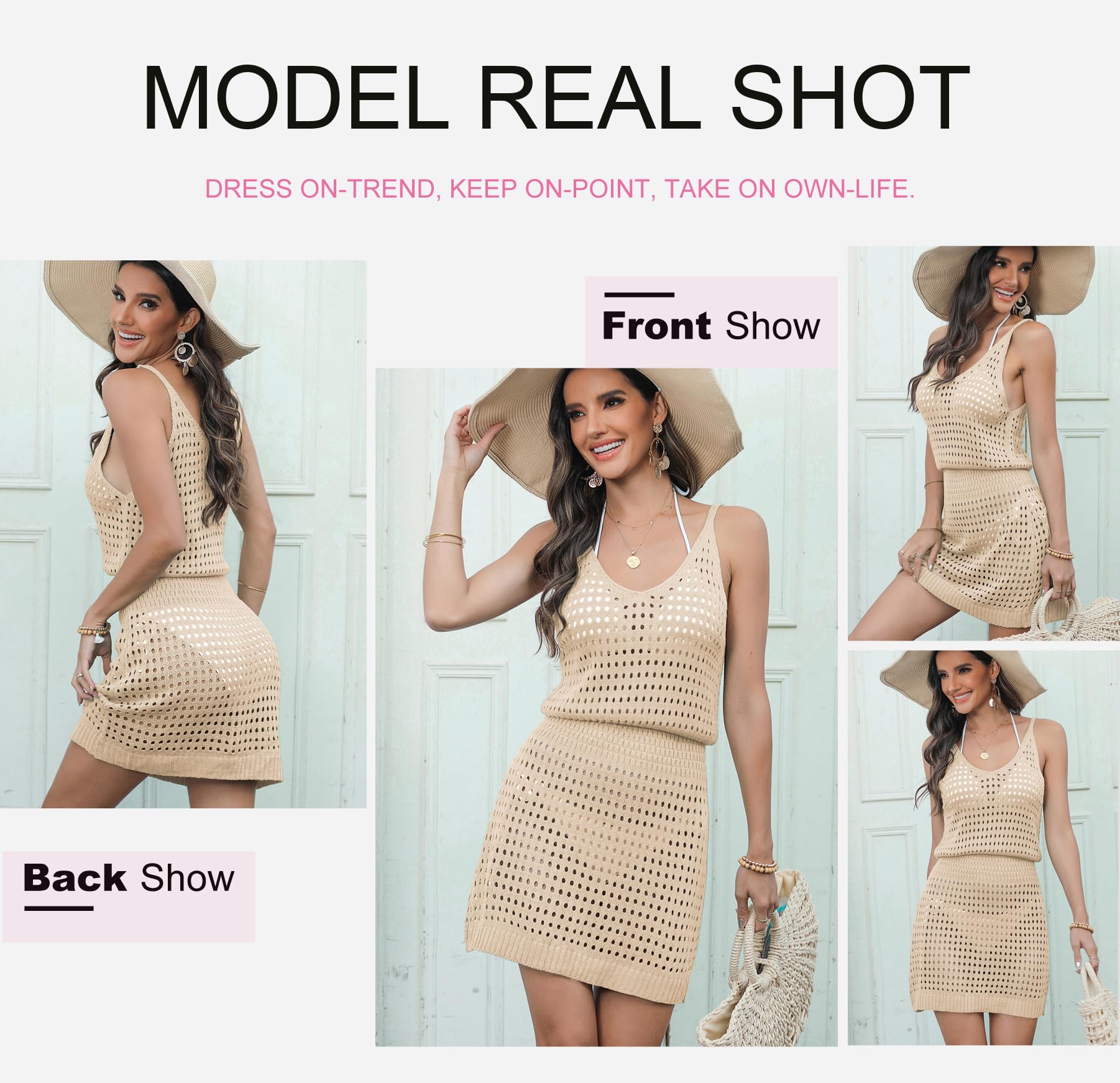 Dokotoo Women's Swimwear Cover Ups 2025 Summer Scoop Neck Sleeveless Bathing Suit Crochet Hollow Out Spaghetti Straps Cruise Resort Wear Outfits Beach Dresses for Women Apricot Medium