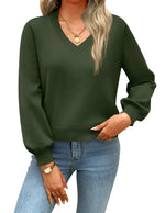 Load image into Gallery viewer, Zeagoo Womens Cropped V-Neck Sweater Lantern Sleeve Ribbed Knit Pullover Sweater Fall Fashion 2025 Army Green
