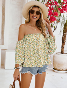Bluetime Women Summer Off Shoulder Chiffon Blouse Ruffles Short Sleeves Tops Casual T Shirt (S, White Yellow)