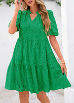 Load image into Gallery viewer, KIRUNDO Eyelet Summer Dresses for Women Mini Casual Hollow Out Short Sleeve Lace Tiered V Neck Shift Dress with Pockets(Green, Medium)
