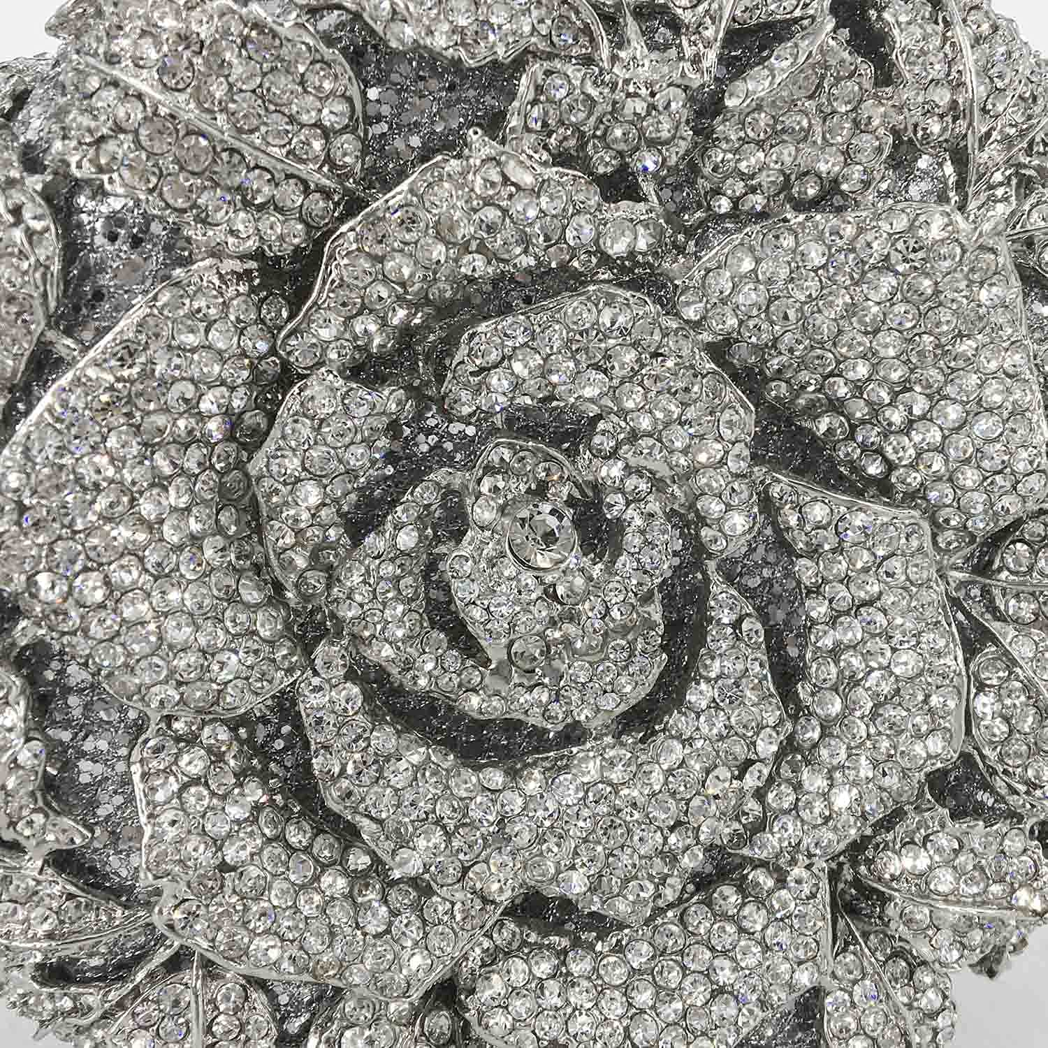Boutique De FGG Round Rose Flower Crystal Clutch Purses for Women Formal Evening Bags Wedding Clutch Bag Party Handbags,Mini,Silver