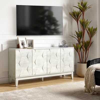HULALA HOME Mid Century Sideboard Buffet Cabinet with Solid Wood Legs, 60" Kitchen Storage Cabinet Credenza with 4 Doors and 2 Shelves, Accent Console Table, White