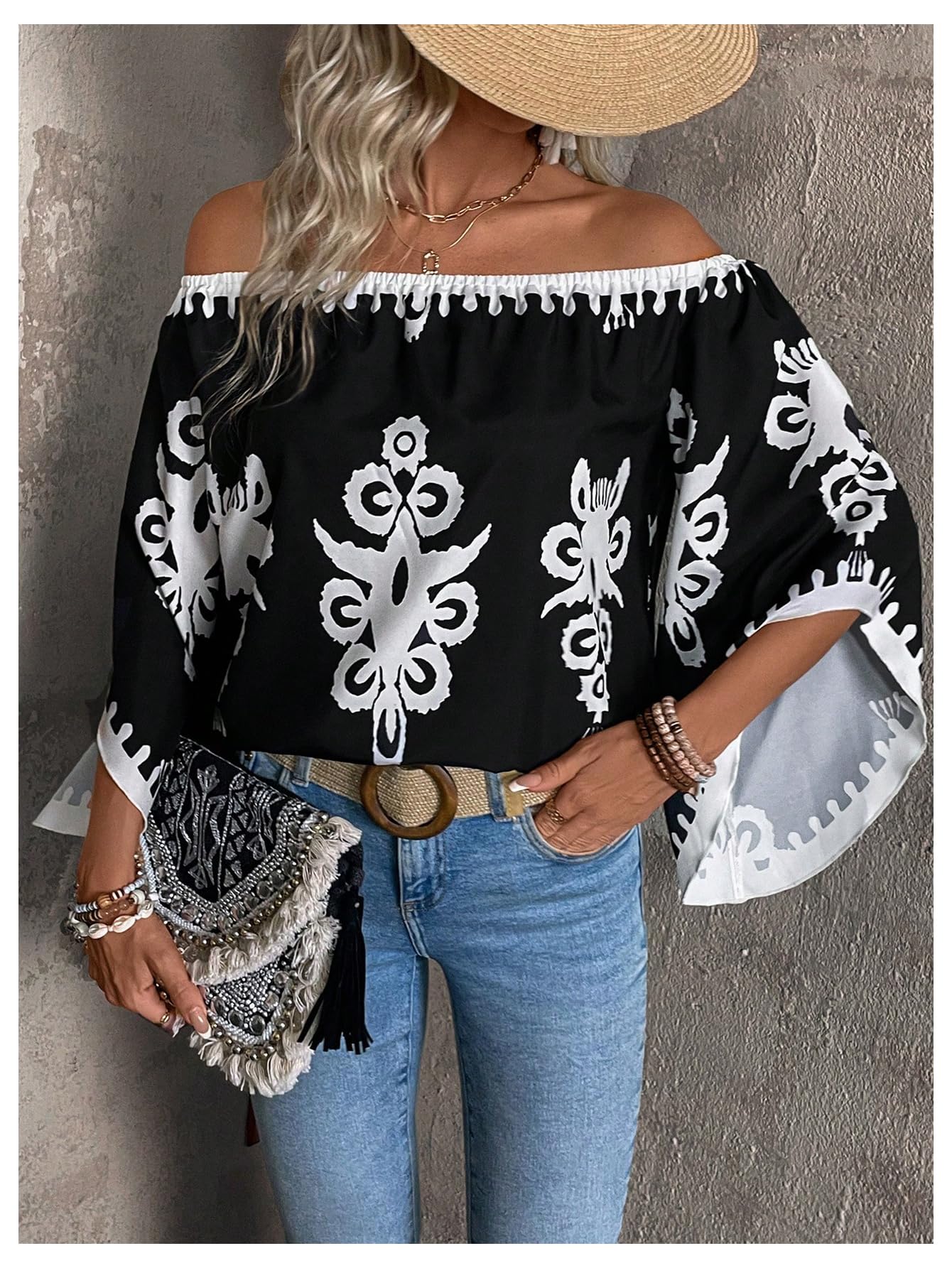 GORGLITTER Women's Off The Shoulder Bell Long Sleeve Top Allover Print Blouse Shirts Black Large