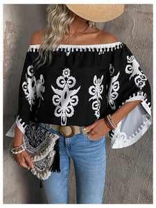 GORGLITTER Women's Off The Shoulder Bell Long Sleeve Top Allover Print Blouse Shirts Black Large