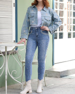Load image into Gallery viewer, Ladyful Women's Pearls Skinny Jeans Butt Lifting High Waist Stretchy Rhinestones Denim Pants Light Blue
