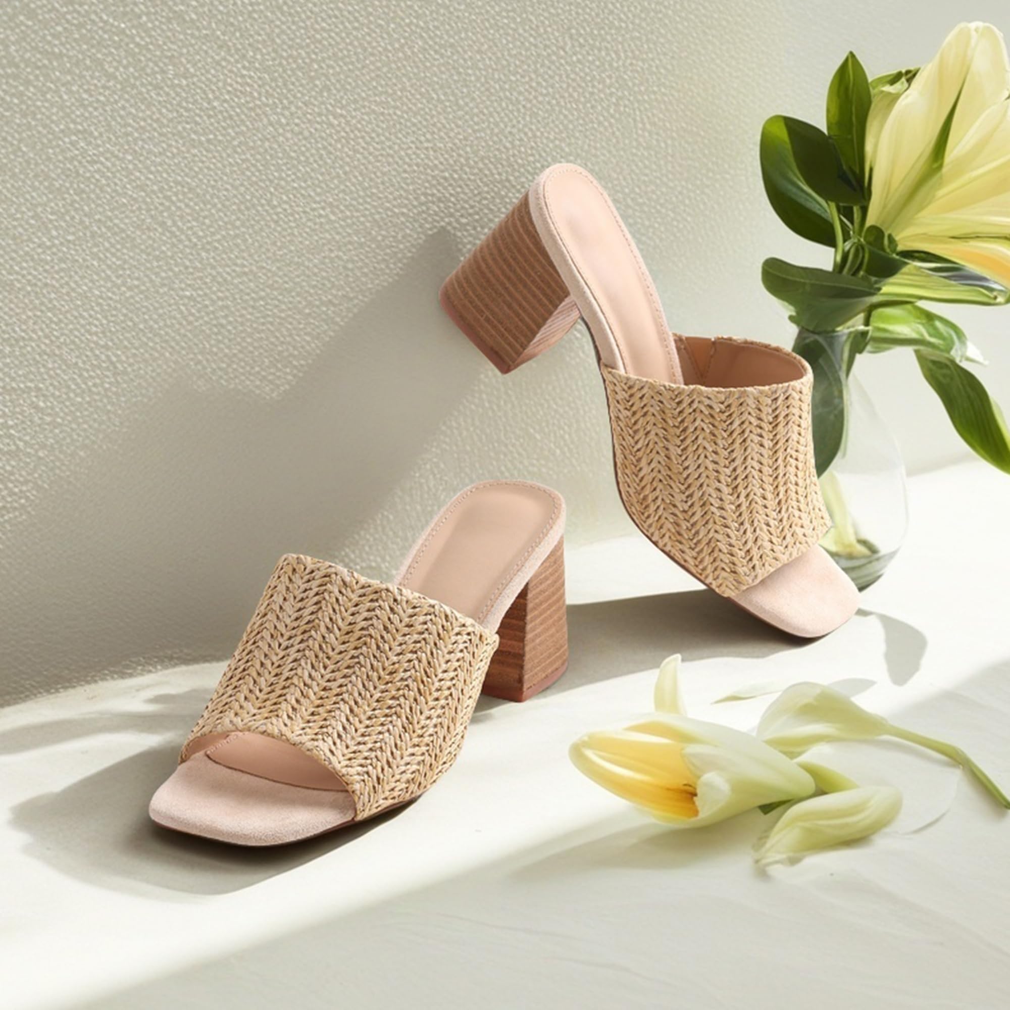 Ancomafio Women's Raffia Heeled Sandals - Square Open Toe, Backless Mules, Slip On Block Heels - Nude, Size 7