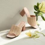 Load image into Gallery viewer, Ancomafio Women&#39;s Heeled Sandals Raffia Heels Square Open Toe Heels Backless Mules Slip On Block Heels Nude Size 8
