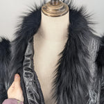 Load image into Gallery viewer, LVCOMEFF Women Sheep Leather Cropped Jacket Bolero Top Coat Motorcycle Jacket With Fox Fur Layer Long Sleeve Python Pattern (US, Alpha, X-Small, Regular, Regular, Black)
